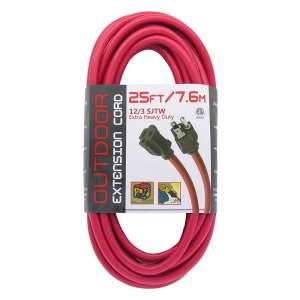 25ft 12/3 SJTW Red  Extension Cord,Black Plug